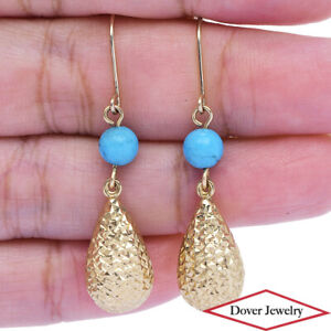 Italian Turquoise 14K Gold Textured Pear Drop Earrings NR