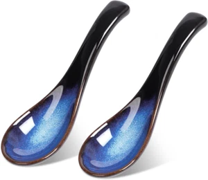 Asian Soup Spoon Set, Blue Japanese Soup Spoon Ceramic Chinese Soup Spoons Ramen - Picture 1 of 12