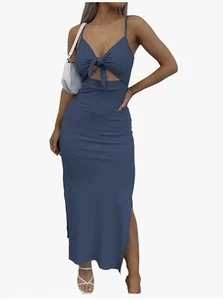 Women’s Dark Wash Blue Bodycon Tie Knot Cutout Maxi Dress Size Medium NWT - Picture 1 of 6