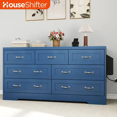 Blue TV Stand for 65 Inch TVs 7 Drawers Dresser with Power Outlets Home Center - Image 1 of 4