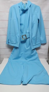 Vestido azul vintage Montgomery Ward talla 12 2 piezas con cinturón chaqueta cuello alto años 70 - Imagen 1 de 12