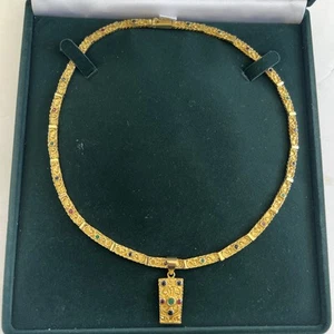 Vintage 18k Solid Gold Choker Necklace w/ Gemstones Matching Pendant 42.5 Grams - Picture 1 of 17