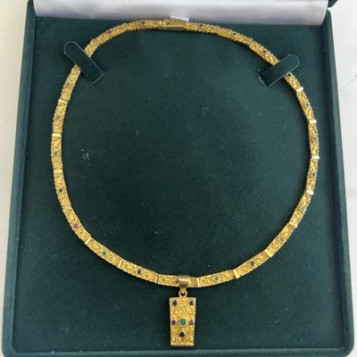 Vintage 18k Solid Gold Choker Necklace w/ Gemstones Matching Pendant 42.5 Grams - Image 1 of 4
