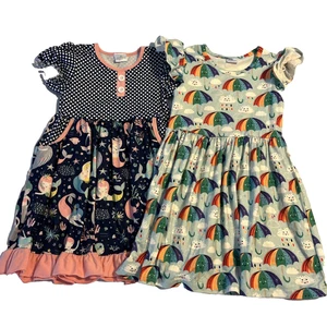 Girls Set Pair Boutique Mermaid Polka Dot Rainbow Ruffle Pockets Dresses 5 6 BTS - Picture 1 of 7