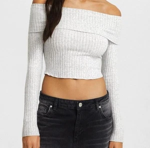 NEW bershka grey ribbed off shoulder longsleeve bardot top Size XS UK - Picture 1 of 3