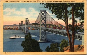 Postal San Francisco-Oakland Bay Bridge California CA lino c1950 - Imagen 1 de 2