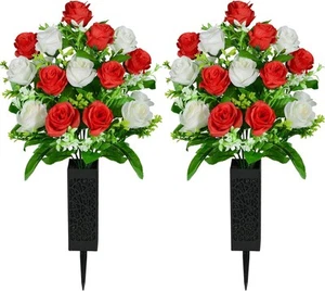 Artificial Cemetery Flowers, Grave Memorial Flowers with Vase, White  - Picture 1 of 6