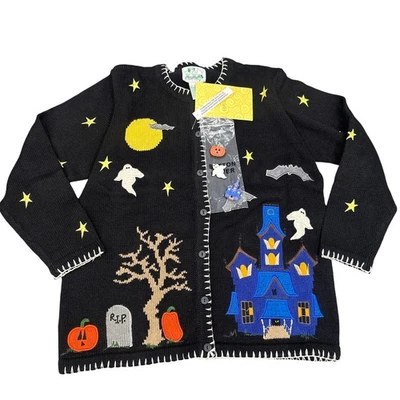 VTG Quacker Factory Halloween Cardigan Sweater Sm Black Haunted House Ghost Bat - Image 1 of 4