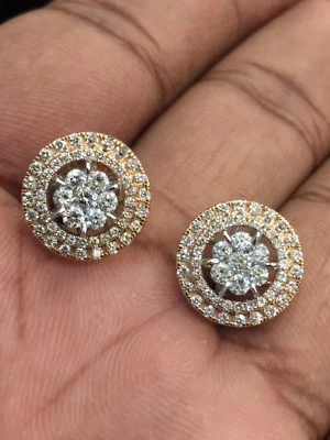 Pave 1.19 Cts Natural Diamonds Halo Stud Earrings In Solid Hallmark 14Carat Gold - Image 1 of 4