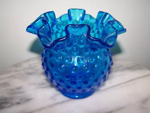 Vintage Fenton Bright Blue Hobnail Glass Bowl Vase 4 1/4 " - C25 - Picture 1 of 13