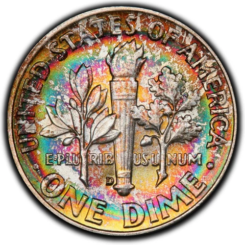 1957-D Roosevelt Dime PCGS MS67 - Magnificent Rainbow Target Toning Cover