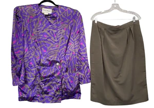 Vtg DONNA MORGAN Women Blazer Skirt Set Sz 11/12 Purple Green Event Party 72-6 - Picture 1 of 15