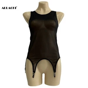 Allacki Sheer Mesh Vest Bodysuit with 6 Straps Garter Belt Night Lingerie(S~2XL) - Picture 1 of 16