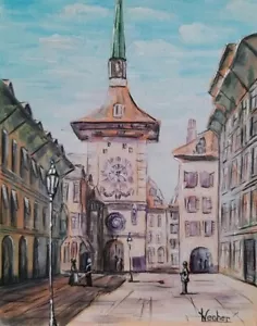 Medieval Bern – 12x9 Original Miniature Painting, Urban Landscape Artwork - Picture 1 of 7