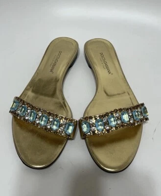 Vtg DOLCE & GABBANA GOLD LEATHER BLUE CRYSTAL SANDALS 36.5 - Image 1 of 4