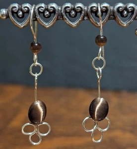 Dangle 2" Drop Earrings w/ Cat's Eye Gemstones - Tiger's Eye Gold Tone Hardware - Picture 1 of 6