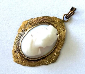 Antique Victorian 14K Solid Rose Gold Etched Setting Pink Cameo Ladies Pendant - Picture 1 of 12