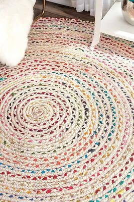 Braided Round Natural & Multi Colour Cotton Area Floor Rug Rags Carpet Yoga Mat - Image 1 of 4