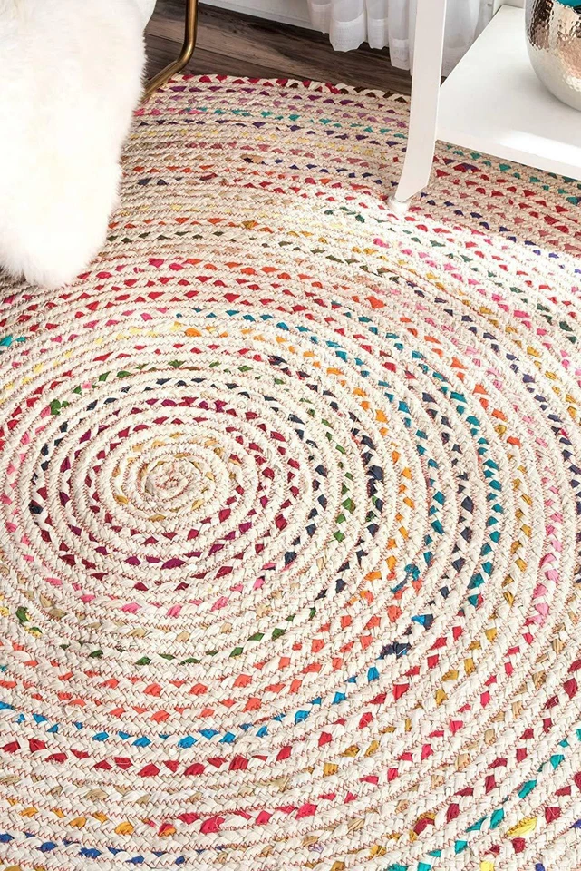 Braided Round Natural & Multi Colour Cotton Area Floor Rug Rags Carpet Yoga Mat - Image 1 of 4