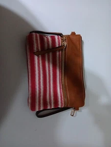 Clarks Women's Clutch Red & White Stripe Brown Zip Strap Knit Missing Strap - Picture 1 of 4