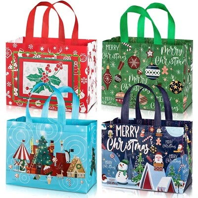 Whaline 4 Pack Christmas Reusable Grocery Bag,Tote Bag with Handle, Gift Present