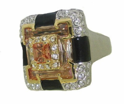 Black Ring CZ silver 18kt yellow gold enamel White gold Champagne SZ 6 New - Image 1 of 3
