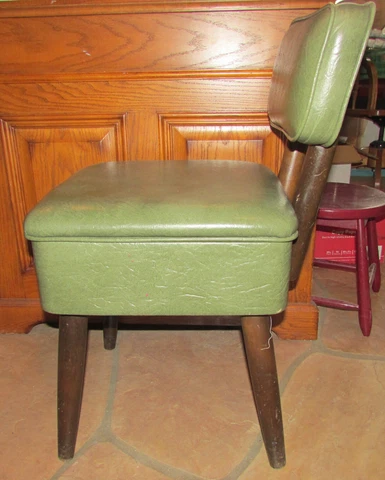 Vintage MCM Green Faux Leather Sewing Chair with Padded Back & Storage in Seat Cover