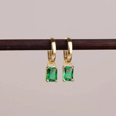 Natural Emerald 2.20Ct Emerald Cut Drop/Dangle Earrings 14K Yellow Gold Plated - Image 1 of 4