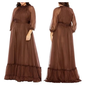 Abito Mac Duggal 68426 collo alto manica a sbuffo a strati linea A in cioccolato taglia 18W - Foto 1 di 12