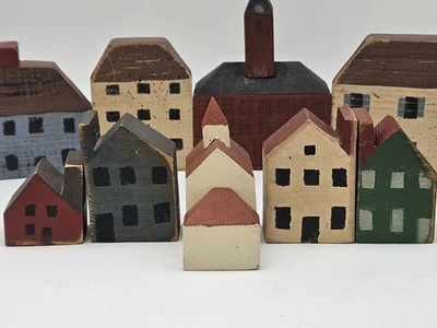 Wooden Colonial block houses handmade set 9 Primitive Folk Art Signed J. Ford - Image 1 of 4