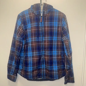 LL Bean Hoodie Sherpa Lined Zip Scotch Flannel Plaid Relaxed Fit Women's S Blue - Picture 1 of 19