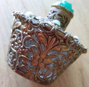 Vintage Czech Glass & Metal Filigree Perfume Bottle With Green Glass Stopper - Picture 1 of 4