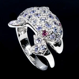 925 Sterling Silver Ring Tanzanite Rhodolite Gemstone Dolphin Jewelry Size 8 - Picture 1 of 13