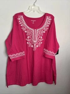 Woman Within Damen 1X Hot Pink bestickt 3/4 Ärmel Top Neu mit Etikett - Bild 1 von 11