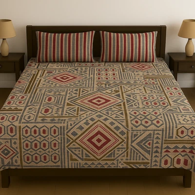 Juego de Sábanas Queen Algodón Estampado Tribal Geométrico con Fundas de Almohada - Beige, Rojo Foto 1 de 3