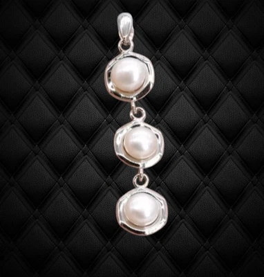 Donna 925 Pendente Argento Sterling Tre Gemma Naturale Perla D'Acqua Dolce - Immagine 1 di 4