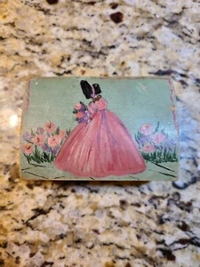 vintage handmade /painted victorian lady green pink wood box dome lid stressed - Picture 1 of 8