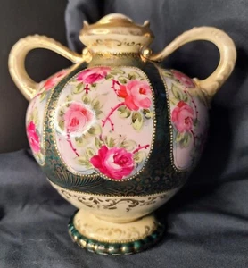Nippon Japan Ahornblatt handbemalte Vase mit Henkeln grün Moriage Gold Rosen 7,5" - Bild 1 von 10