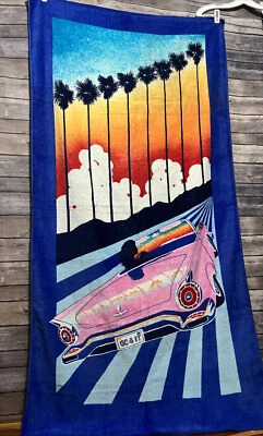 Vintage Mens Womens *SEVEN SEAS* Pink Classic Car Beach Bath Towel Cotton Terry - Image 1 of 4