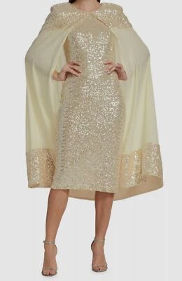 $595 Badgley Mischka Women's Ivory Sequin Bodycon Cape Gown Size 2 - Image 1 of 4
