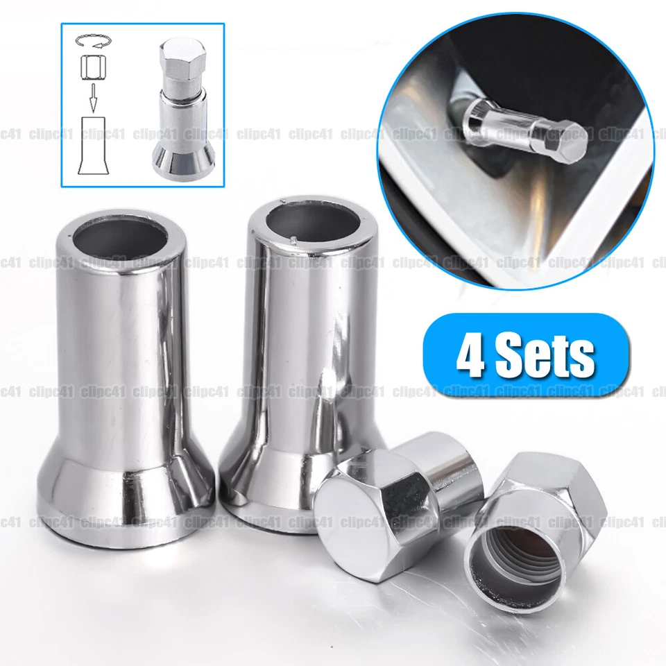 4 juegos de tapas de vástago de válvula de neumático de coche cromadas plateadas con accesorios de cubierta de funda Foto 1 de 4