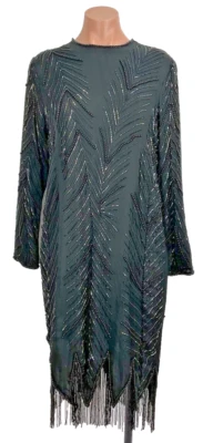 复古珠饰连衣裙条纹丝绸黑色晚礼服尺寸 L Flapper 80 年代 — 第 1/4 张图片