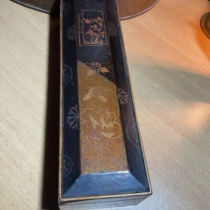 Antique Chinese Glove Box,black Lacquered And Gold Decorating ,11 Inches. - Picture 1 of 24