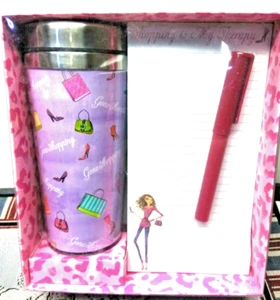 2011 JC Penney Travel Mug Gift Set Purple Mug w/ Purses & High Heels Notepad Pen - Picture 1 of 9