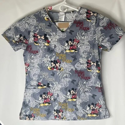 Blusa Médica Disney Kissing Mickey & Minnie para Mujer XS Gris Manga Corta Bolsillos Foto 1 de 4