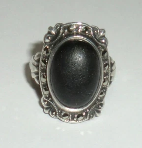 Antique 20s Sterling Silver Marcasite Deco Ring Black Onyx Dulled Stone BB27-R34 - Picture 1 of 7