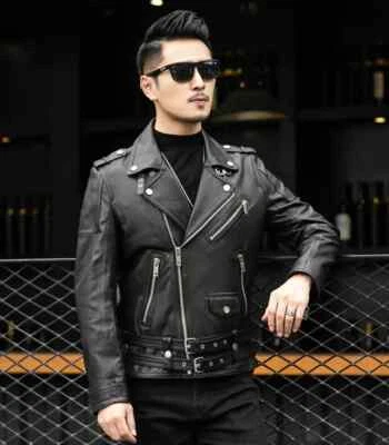 Genuine Leather Motorcycle Jacket Men Slim Fit Biker Coat 2023 Fashion - Image 1 of 4