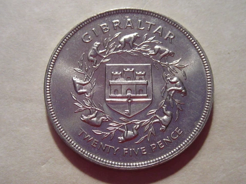 1977 Gibralter 25 Pence Coin  MONKEYS  Proof like Uncirculated beauty  Nice coin Cover