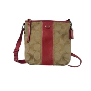 Coach Signature Stripe Duffle Crossbody Bag Khaki Jacquard Pink Patent Leather  - Picture 1 of 12