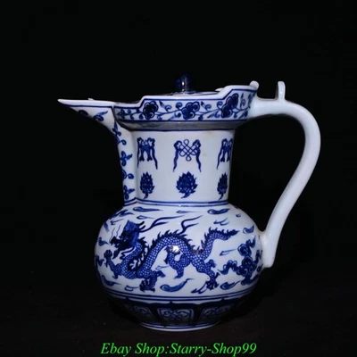 Ming Xuande Marcado Azul Blanco Porcelana Dragón Bestia Patrón Vino Tetera Bandera Foto 1 de 4